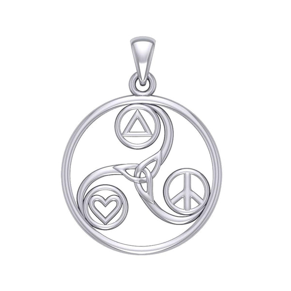 Celtic Triskele with Peace Heart and Recovery Symbols Silver