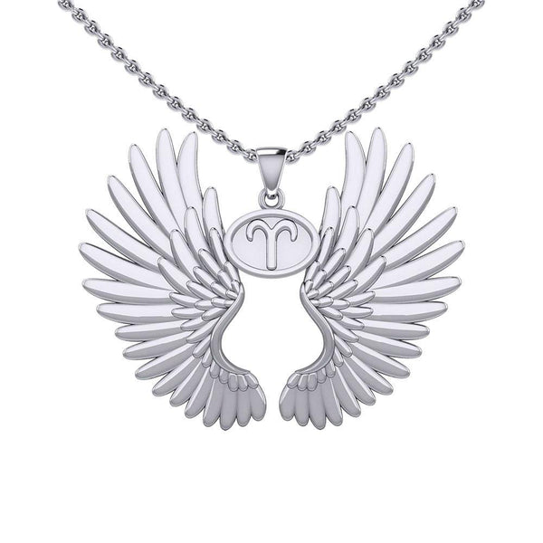 Guardian Angel Wings Silver Pendant With Aries Zodiac Sign Tpd5515 