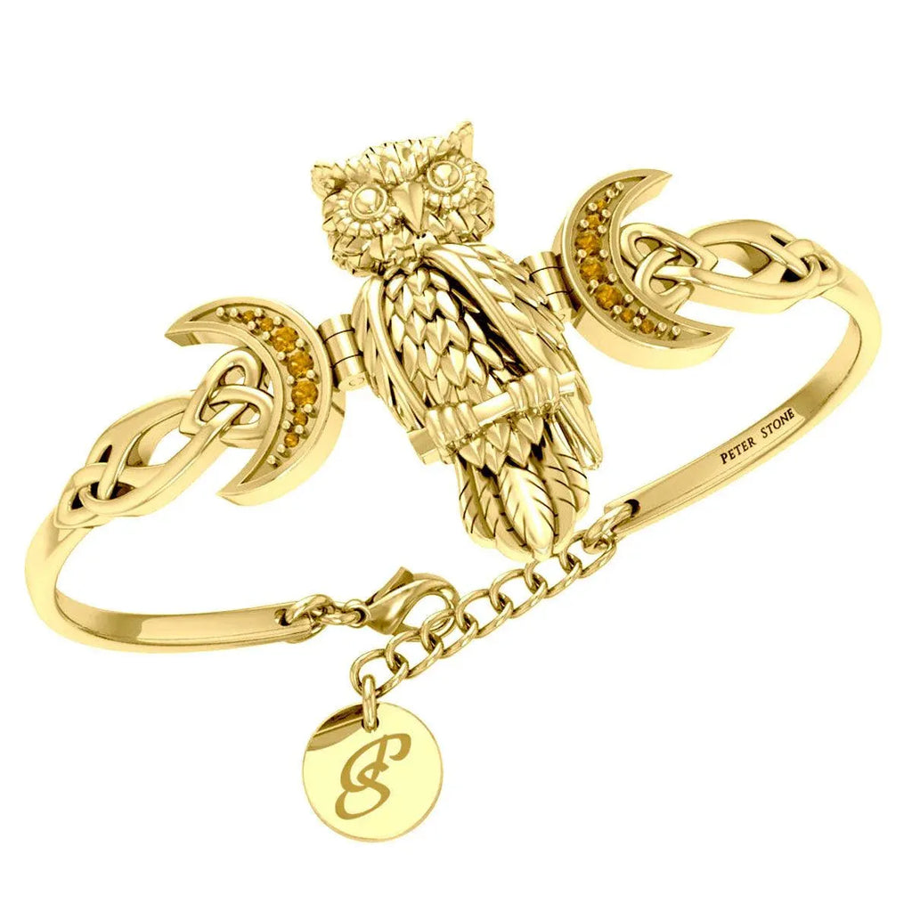 Accept mystical elegance: The Great Horned Owl with Celtic Heart and Crescent Moon 14K Gold Cuff Bracelet