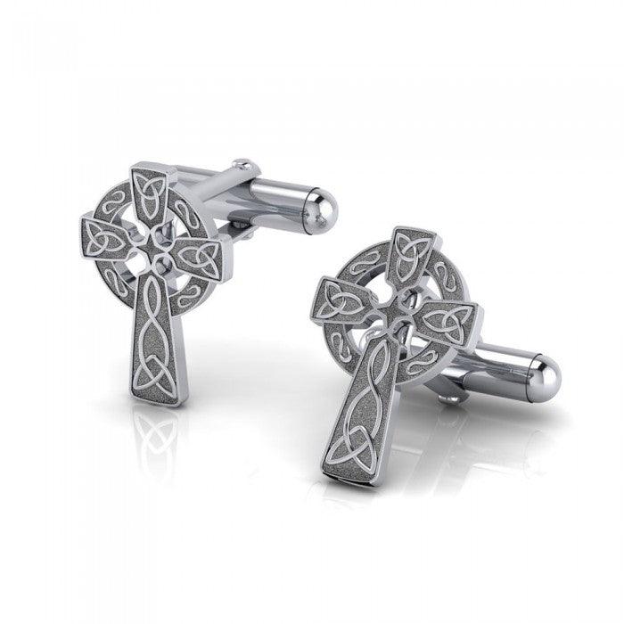 Embrace Timeless Heritage with the Celtic Cross with Celtic Knotwork Silver Cufflinks