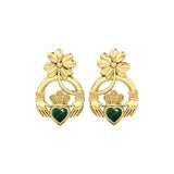 Lucky Four Leaf Clover on Claddagh Solid Yellow Gold Post Earrings with stone GER1849