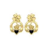 Lucky Four Leaf Clover on Claddagh Solid Yellow Gold Post Earrings with stone GER1849 - Jewelry