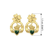 Lucky Four Leaf Clover on Claddagh Solid Yellow Gold Post Earrings with stone GER1849 - Jewelry