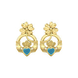 Lucky Four Leaf Clover on Claddagh Solid Yellow Gold Post Earrings with stone GER1849 - Jewelry