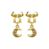 Ribbon with Dangling Celtic Crescent Moon Solid Yellow Gold Post Earrings GER1865