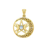 Triple Goddess and Celtic Crescent Moon Solid Yellow Gold Pendant with Gemstone GPD5972 - Jewelry