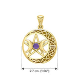 Triple Goddess and Celtic Crescent Moon Solid Yellow Gold Pendant with Gemstone GPD5972 - Jewelry