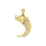 Wolf with Celtic Viking Norse Horn Solid Yellow Gold Pendant GPD5979