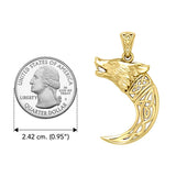 Wolf with Celtic Viking Norse Horn Solid Yellow Gold Pendant GPD5979 - Jewelry