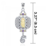 The Reiki Japanese Lantern and Dai Ko Myo Symbol Silver and Gold Accent Pendant with Gemstone MPD4927