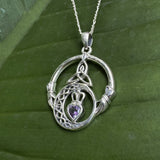 Claddagh and Celtic Crescent Moon with Heart Gemstone Silver Pendant TPD6130