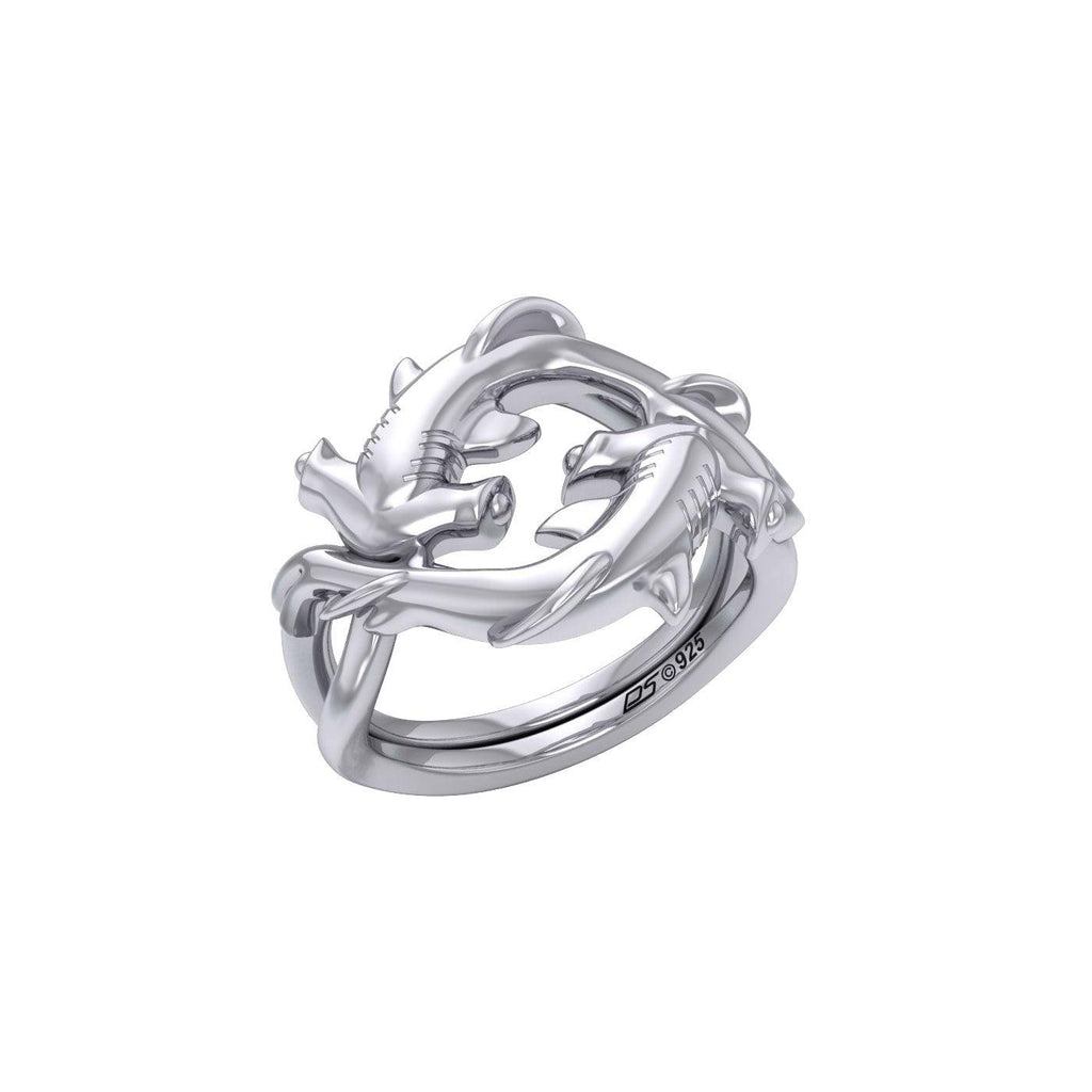 Enigma Fusion Sterling Silver Double-Hammer Headed Shark Puzzle Ring b ...