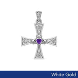 Celtic Cross and Claddagh Solid White Gold Pendant with Gem WPD5971 - Jewelry