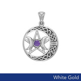 Triple Goddess and Celtic Crescent Moon Solid White Gold Pendant with Gemstone WPD5972